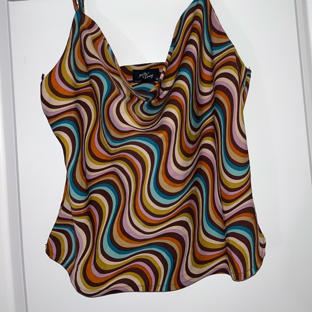 Retro 70s Swirl Satin Cowl Neck Cami – Multicolor Psychedelic Tank Top - Picture 2 of 6